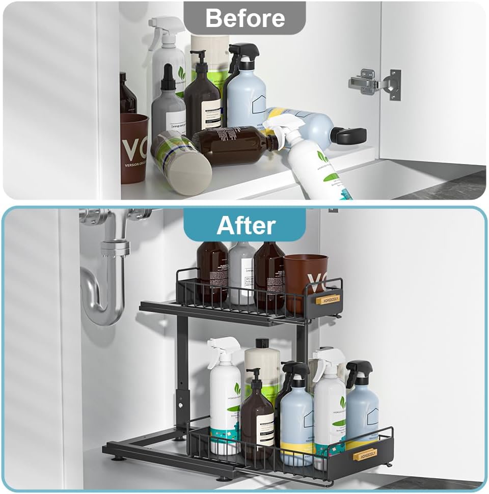 Under Sink Organizer Kitchen - Upgraded Professional Rails, 2 Tier Dual Pull Out Cabinet Storage, Height Adjustable Under Sink Storage, Metal Sliding Drawer for Kitchen & Bathroom, White, 2 Pack