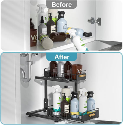 Under Sink Organizer Kitchen - Upgraded Professional Rails, 2 Tier Dual Pull Out Cabinet Storage, Height Adjustable Under Sink Storage, Metal Sliding Drawer for Kitchen & Bathroom, White, 2 Pack