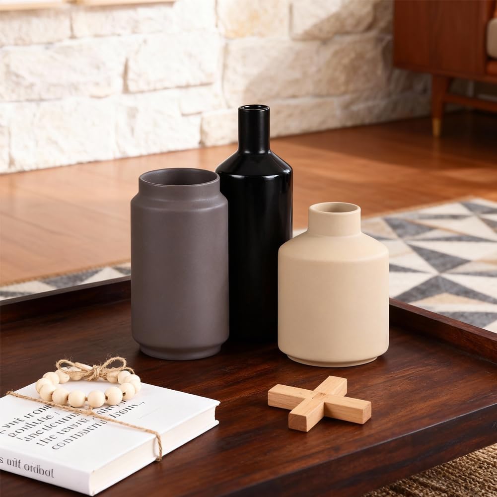 Neutral Ceramic Vase Set of 3 – Modern Decorative Vases, Small Flower Pottery Vase Sets, Boho Farmhouse Rustic Vases for Living Room, Kitchen, Bedroom, Bathroom, Shelf, Table
