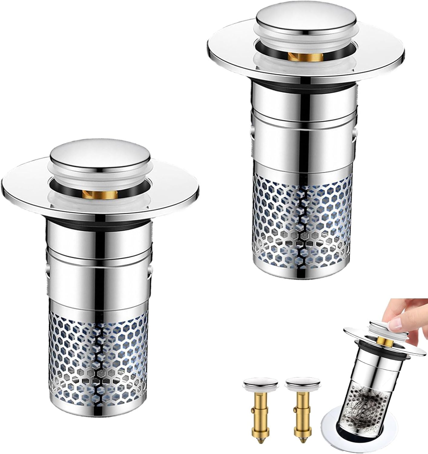 2 PCS 3-in-1 Bathroom Sink Drain Strainer Stopper，Stainless Steel Pop-up Strainer Basket Hair Catcher with Removable Basket, Brass Bullet Core, Universal Fit for Bathtubs, Showers & Floor Drains