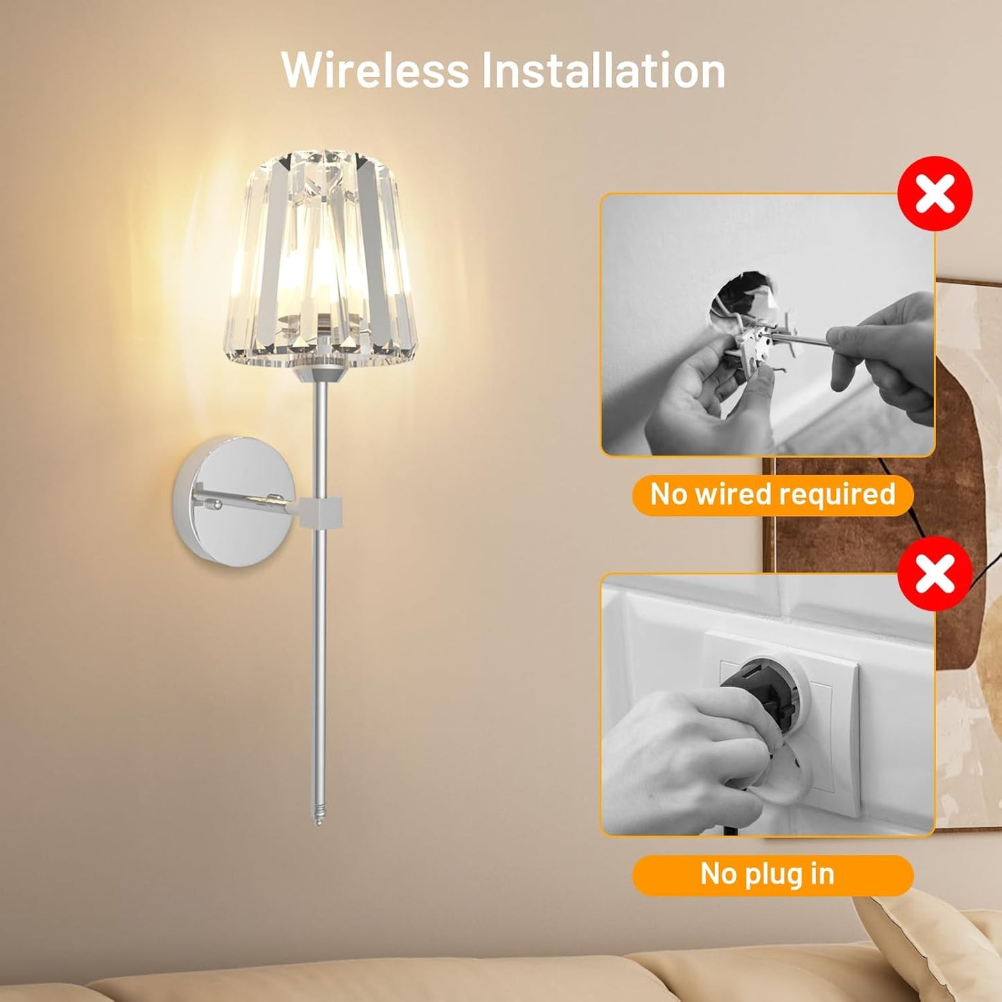 Crystal Battery Operated Wall Sconces Set of 2, Gold Rechargeable Wireless Wall Sconce Lights with Crystal Lampshade, 12 RGB and 3CCT Dimmable Wall Lamps with Remote for Bedroom Living Room Hallway
