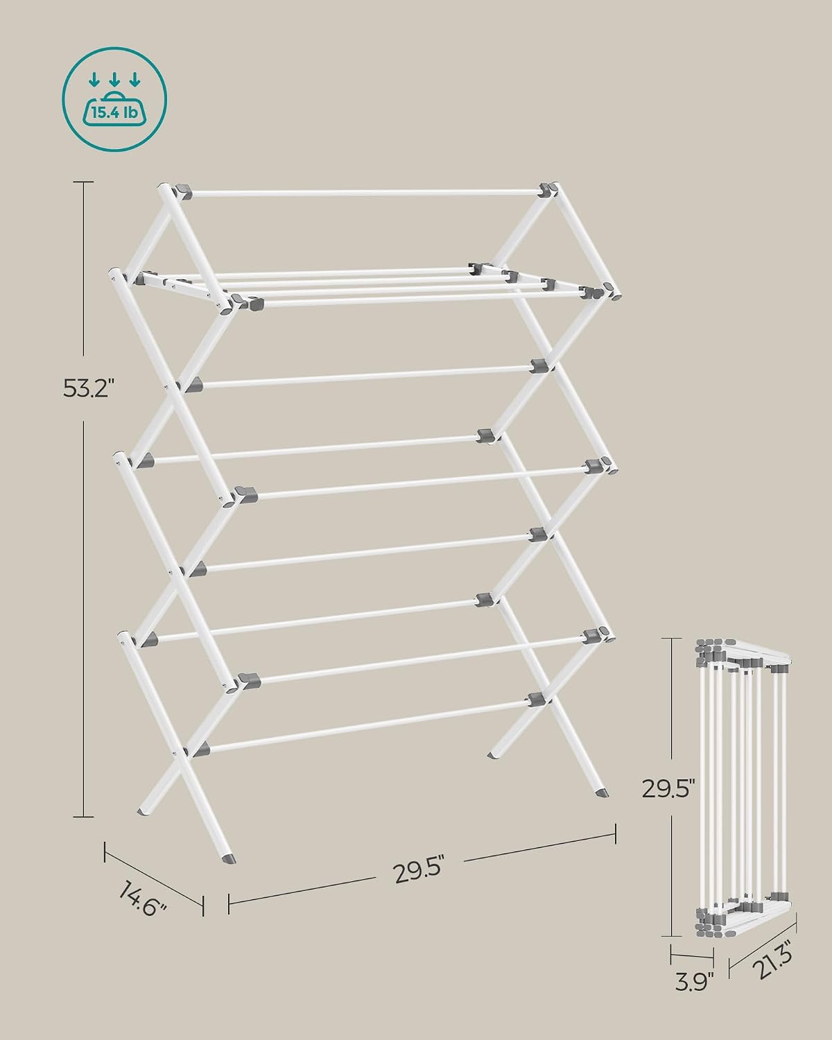 SONGMICS Foldable Clothes Drying Rack, Laundry Drying Rack, Clothes Airer, Steel Frame, 14.6 x 29.5 x 53.2 Inches, Easy Assembly, Indoor Outdoor Use, White ULLR770W01