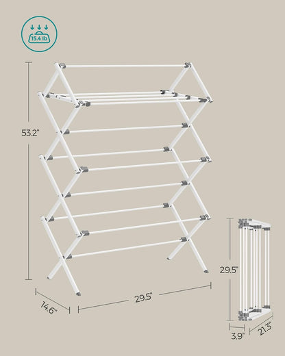 SONGMICS Foldable Clothes Drying Rack, Laundry Drying Rack, Clothes Airer, Steel Frame, 14.6 x 29.5 x 53.2 Inches, Easy Assembly, Indoor Outdoor Use, White ULLR770W01