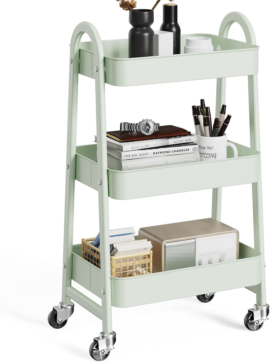 OLIXIS Metal 4 Tiers Utility Rolling Cart, Mobile Storage Shelf with Lockable Caster Wheels, Organization for Livingroom, Bathroom, Kitchen, & Narrow Places, 4-Tier Green