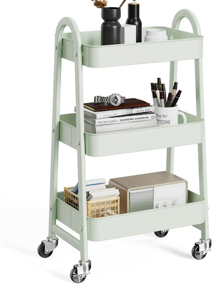 OLIXIS Metal 4 Tiers Utility Rolling Cart, Mobile Storage Shelf with Lockable Caster Wheels, Organization for Livingroom, Bathroom, Kitchen, & Narrow Places, 4-Tier Green