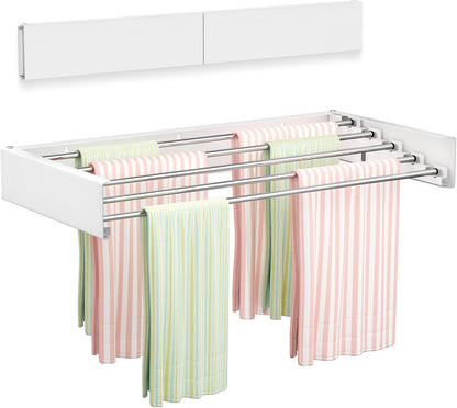 Vikaqi Wall Mounted Clothes Drying Rack 32", Foldable Wall Mount Laundry Rack Folding Indoor, Drying Rack Clothing Collapsible, Hidden Space Saver with Wall Template, 5 Rods, White