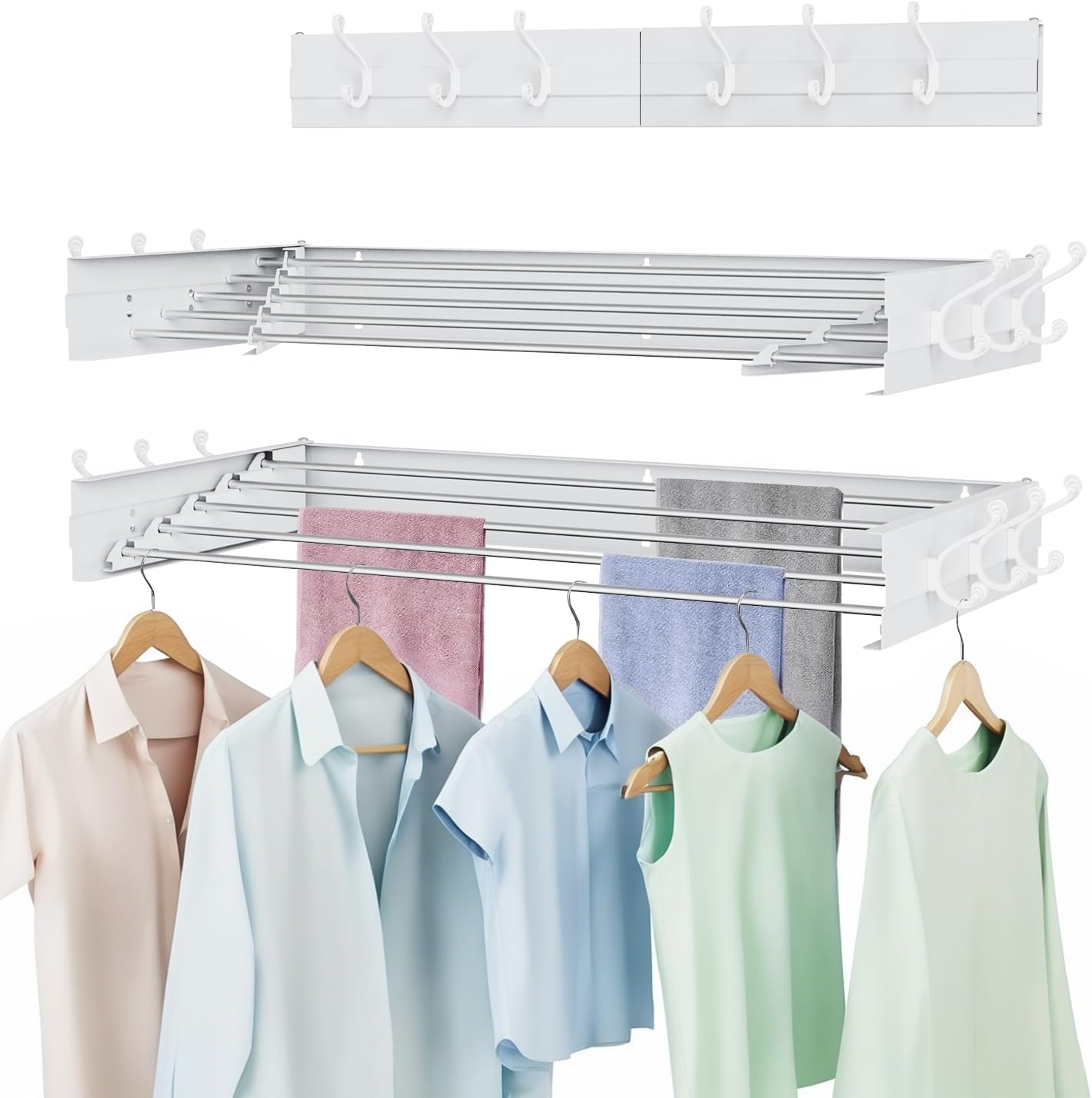 Laundry Drying Rack, Collapsible Wall Mounted Clothes Drying Rack - Foldable,Space Saving, 13.2 Linear Ft, 5 Aluminum Rods, 60 lb Capacity (White, 40" Wide)