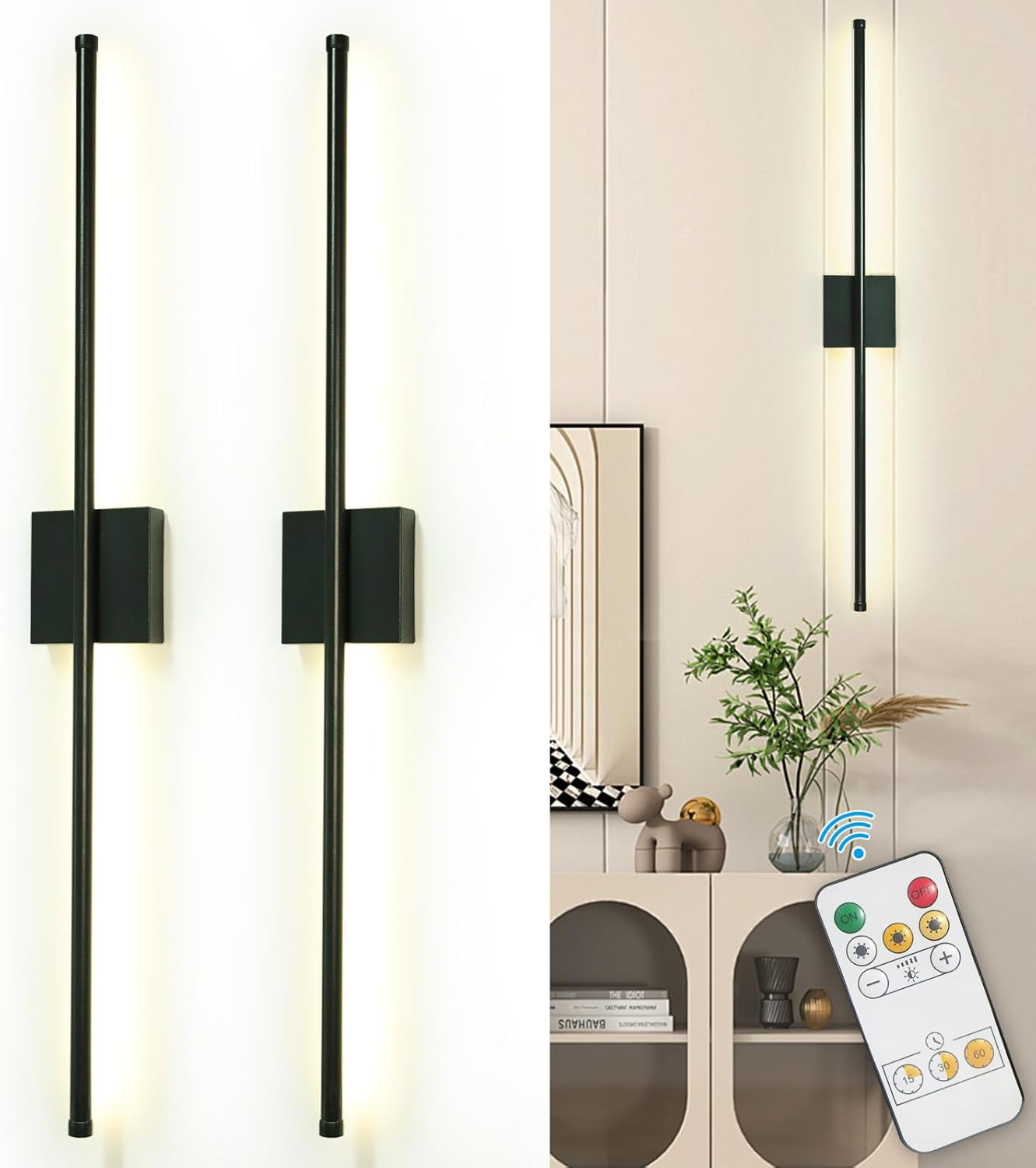 Depuley Battery Operated Wall Sconce: Set of 2 Wireless Wall Lights with 10000mAh Dimmable Bulbs and Remote for Bedroom - Rechargeable 15 Colors Gold Wall Lamp for Living Room Hallway