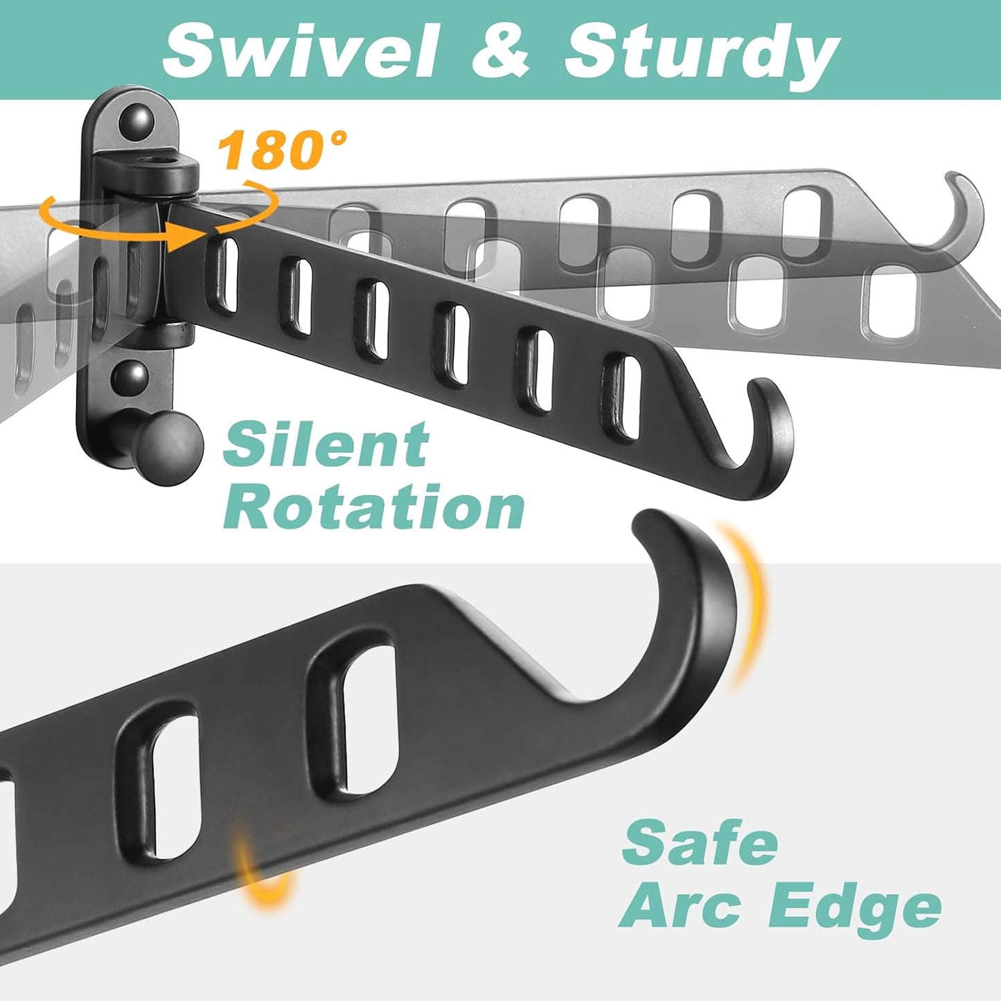Wall Mounted Clothes Hanger with Swing Arm - 8-Hole Laundry Room Drying Rack | 180° Rotation & Space Saving for Hanging Clothes | Swing Away Coat Hanger | Aluminium(2-Pack, White)