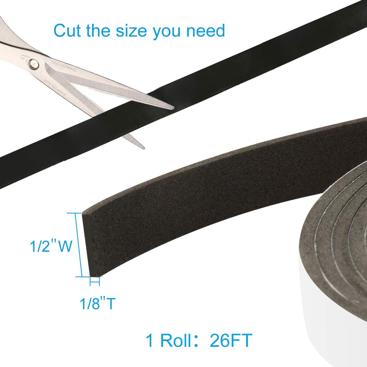 Seal Foam Tape,1/2 Inch W x 1/8 Inch T Weather Stripping for Door and Window,High Density Single Sided Closed Cell Door Insulation Weather Strip, 3 Rolls Total 50FT Black