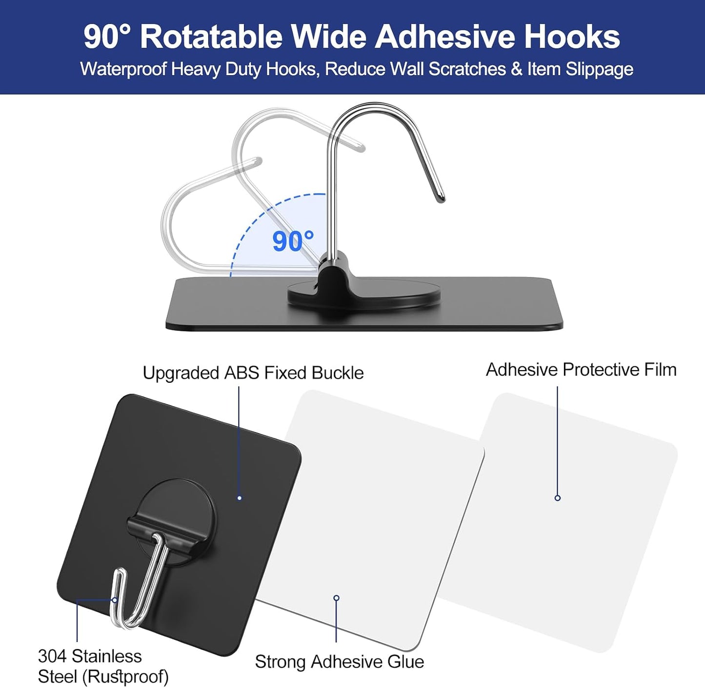 JINSHUNFA Adhesive Wall Hooks 13LB Heavy Duty No Drill Transparent Waterproof Hooks for Bathroom Kitchen Towel Coat 12 Pack