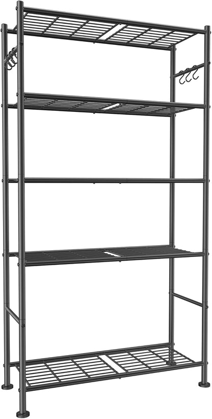 Sakugi Storage Shelves - 5-Tier Large Capacity Shelf Organizer with Hooks, Heavy-Duty Garage Shelving with Leveling Feet, Wobble-Free Rack for Bedroom, Balcony, Garage, 18.1"×12.4"×56.8", Black