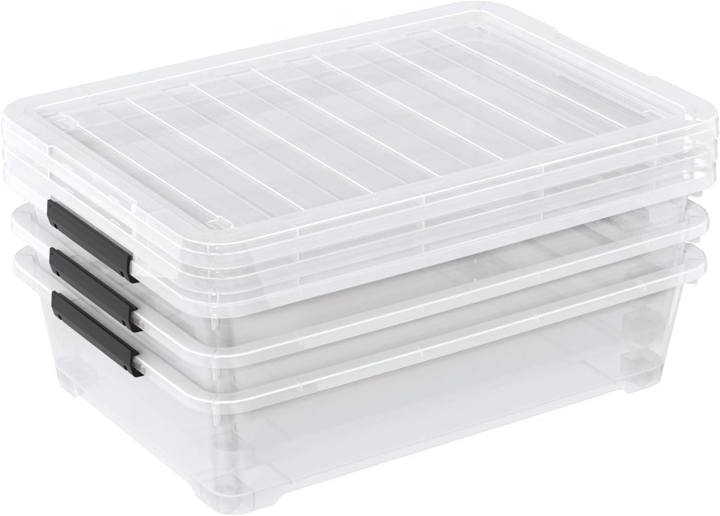 40 Quart Plastic Clear Underbed Storage Bin with Wheels, 3 Packs | Stackable Large Flat Under Bed Organization Boxes with Lids