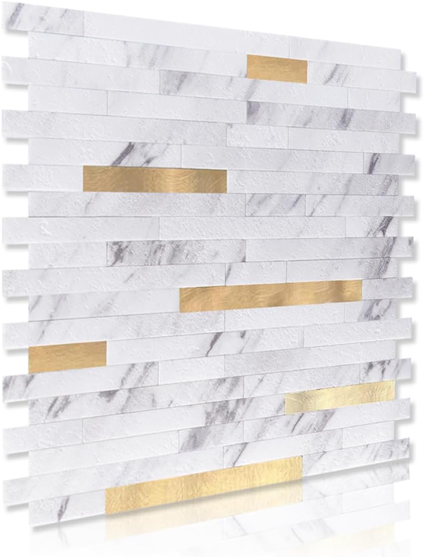 Art3d 10-Sheet Peel and Stick Backsplash Tile for Kitchen Bathroom Fireplace Laundry Room in White Slate with Gold Studded