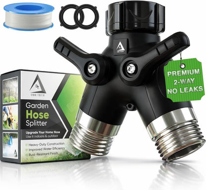 DBR Tech® Garden Hose Splitter 2 Way Heavy Duty | Faucet Adapter with Long Handle, Outdoor Water Spigot Hose Bib Y Wye Splitter, Dual Outlet Shut Off Valve Hose Connector, Leak Free