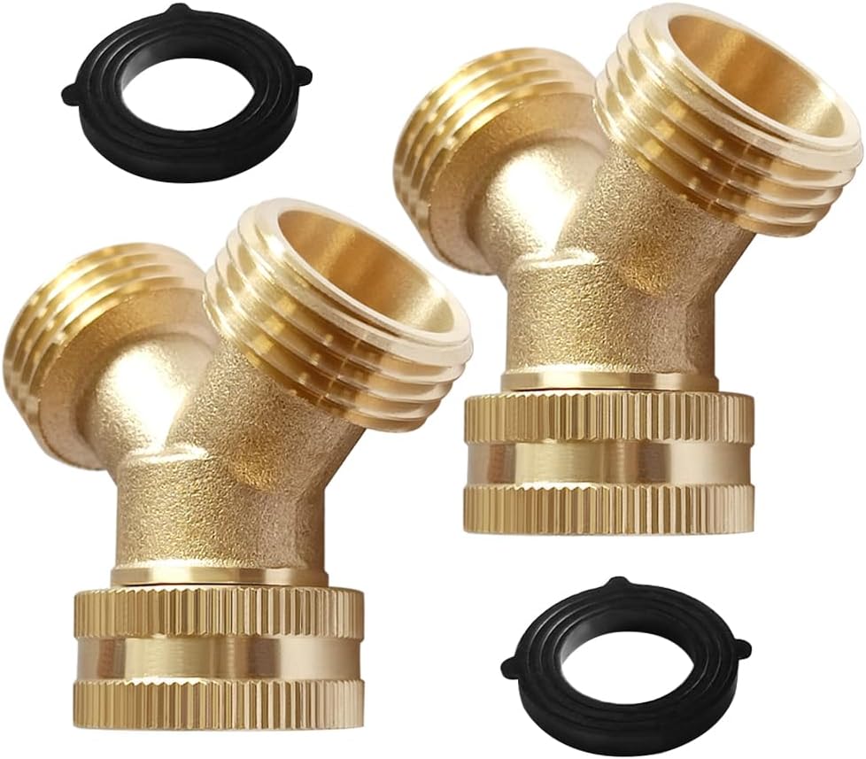 Joywayus 2PCS Brass 3/4" GHT Garden Hose Splitter Body Backyard 2 Way Y Shaped Swivel Connector Threaded Pipe Fitting Coupler Adapter with Washer