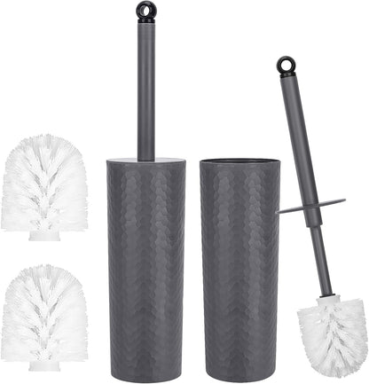 Topsky 2 Pack Compact Toilet Brush & Holder Set, Plastic Round Barrel Loo Brush with 2 Replacement Toilet Brush Head, Durable for Bathroom Toilet, Gray