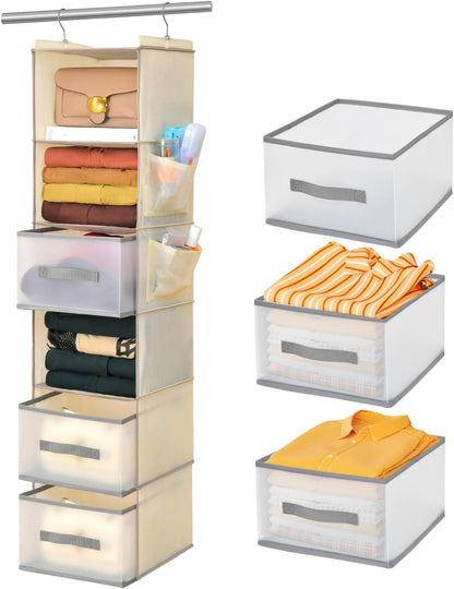 6-Shelf Hanging Closet Organizer with 3 Drawers & Side Pockets, Gray | Non-woven fabric, tool-free setup, ideal for bedrooms/dorms/RVs, 3 foldable transparent drawers for easy access