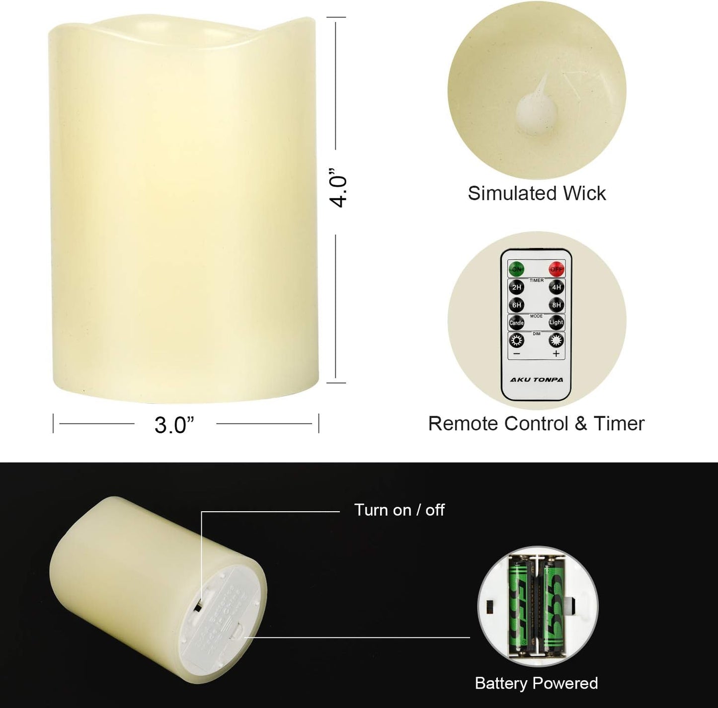 AKU TONPA Flameless Candles Battery Operated Pillar Real Wax Flickering Electric LED Candle Gift Sets with Remote Control Cycling 24 Hours Timer, Pack of 6 (3" D x 4" H, Ivory)