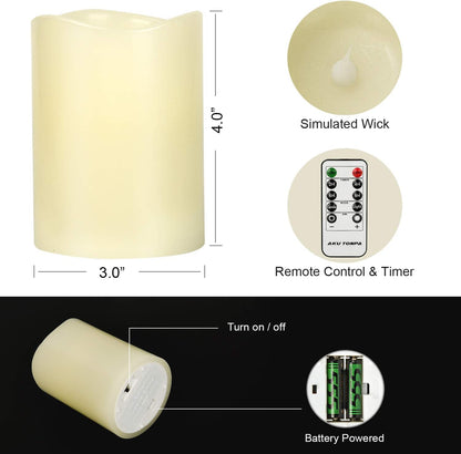 AKU TONPA Flameless Candles Battery Operated Pillar Real Wax Flickering Electric LED Candle Gift Sets with Remote Control Cycling 24 Hours Timer, Pack of 6 (3" D x 4" H, Ivory)
