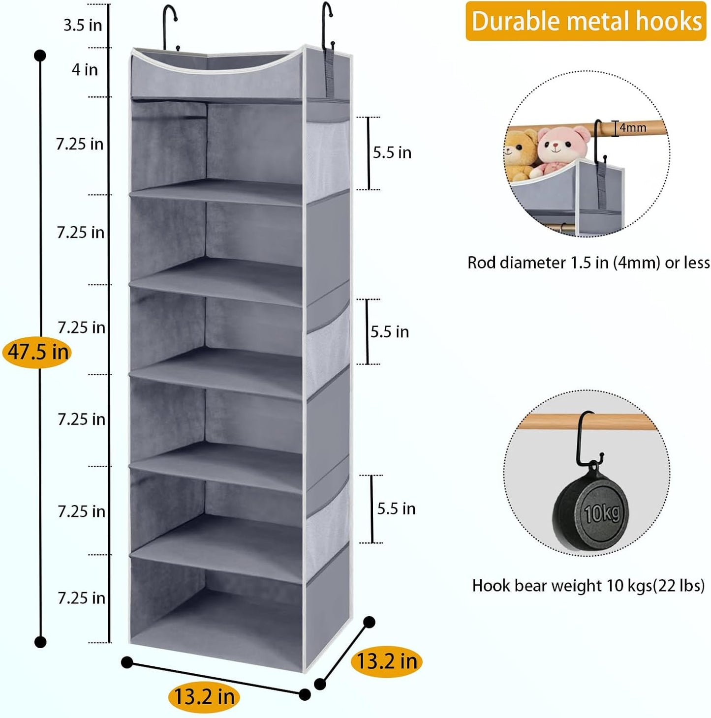 4-Shelf Hanging Closet Organizer and Storage with 4 Side Pockets, Collapsible Closet Hanging Shelves for Storage, Grey
