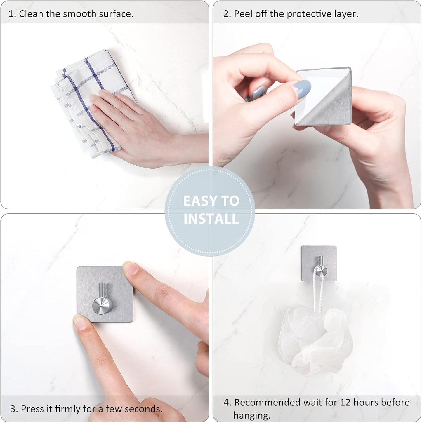 VIS'V Adhesive Towel Hooks, Waterproof Shower Wall Stick on Hooks, 2 Extra Adhesive Strips, White, 4 Pcs