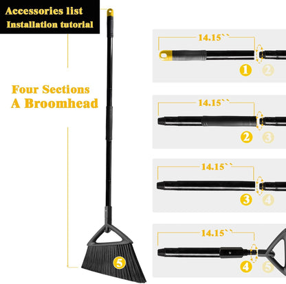 Heavy Duty Broom Outdoor and Indoor, 2 Pack Commercial Angle Brooms with Longer Handle, Perfect Black Broom for Garage, Kitchen, Courtyard, Restaurant