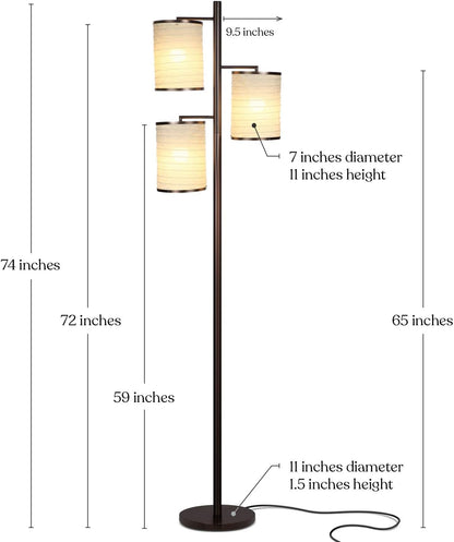 Brightech Liam Tall Tree Lamp with Asian Lantern Shade for Living Rooms and Offices - Standing Lamp with 3 LED Bulbs for Bedroom Reading - Bronze