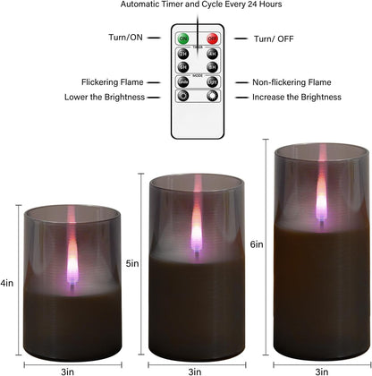 kakoya Flameless Candles Upgraded Realistic Flickering Flame,Battery Operated LED Candles with Remote Timers,Acrylic Electric Candles Set of 3(D 3" xH 4" 5" 6")（Grey）