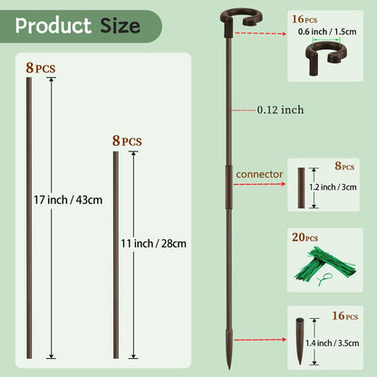Plant Stakes 17inch &11inch SupKing Adjustable Length Plant Support Stake 16Pcs Orchid Stick with Clips for Indoor Outdoor,Garden Pole for Potted Tomato Amaryllis Vegetables Comes with 20 Ties (Green)