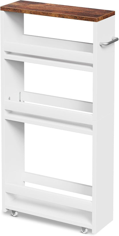 SUPER DEAL 4 Tier White Slim Storage Cart with Wheel & Handle, Slide Out Storage Rolling Utility Cart Mobile Shelving Unit Organizer Trolley for Kitchen Bathroom Laundry Narrow Places, White