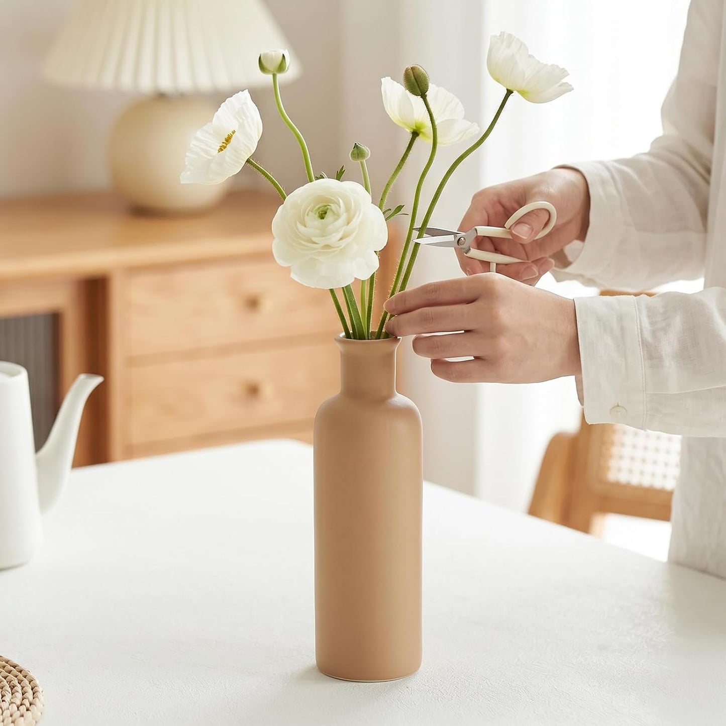 CUCUMI Ceramic Vase Set of 5, Home Decor Farmhouse Décor Handmade Pottery Vases for Pampas Grass, Dried Fresh Flowers, Table, Living Room, Kitchen, Shelf, Entryway Mantel Neutral Tones