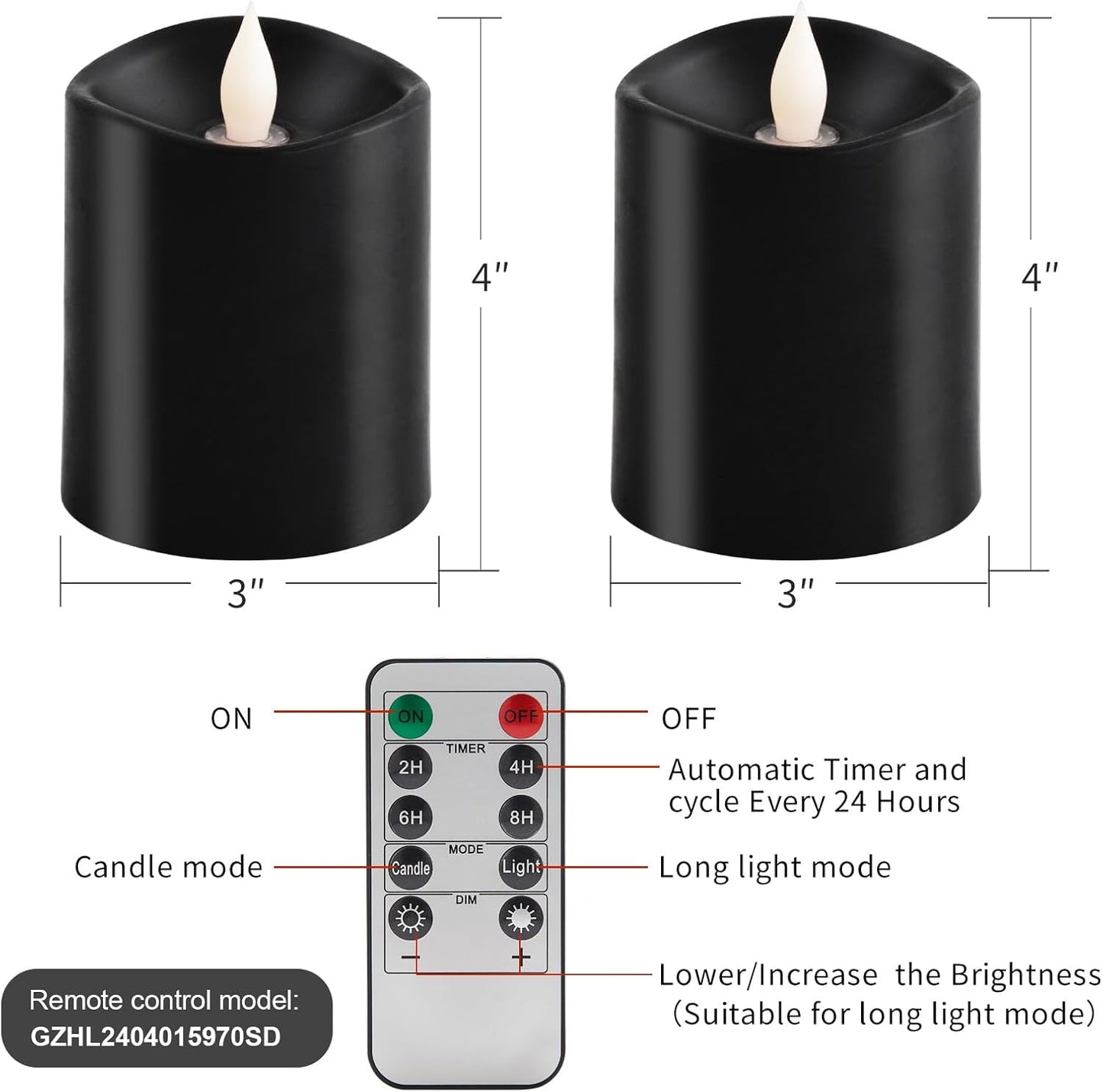 3x3 Flickering Flameless Candles Set of 2, 2AA Battery Life 600 Hours Battery Candles Flickering with Timer,3 inch Flameless Candles with Remote for Indoor/Outdoor, Ivory