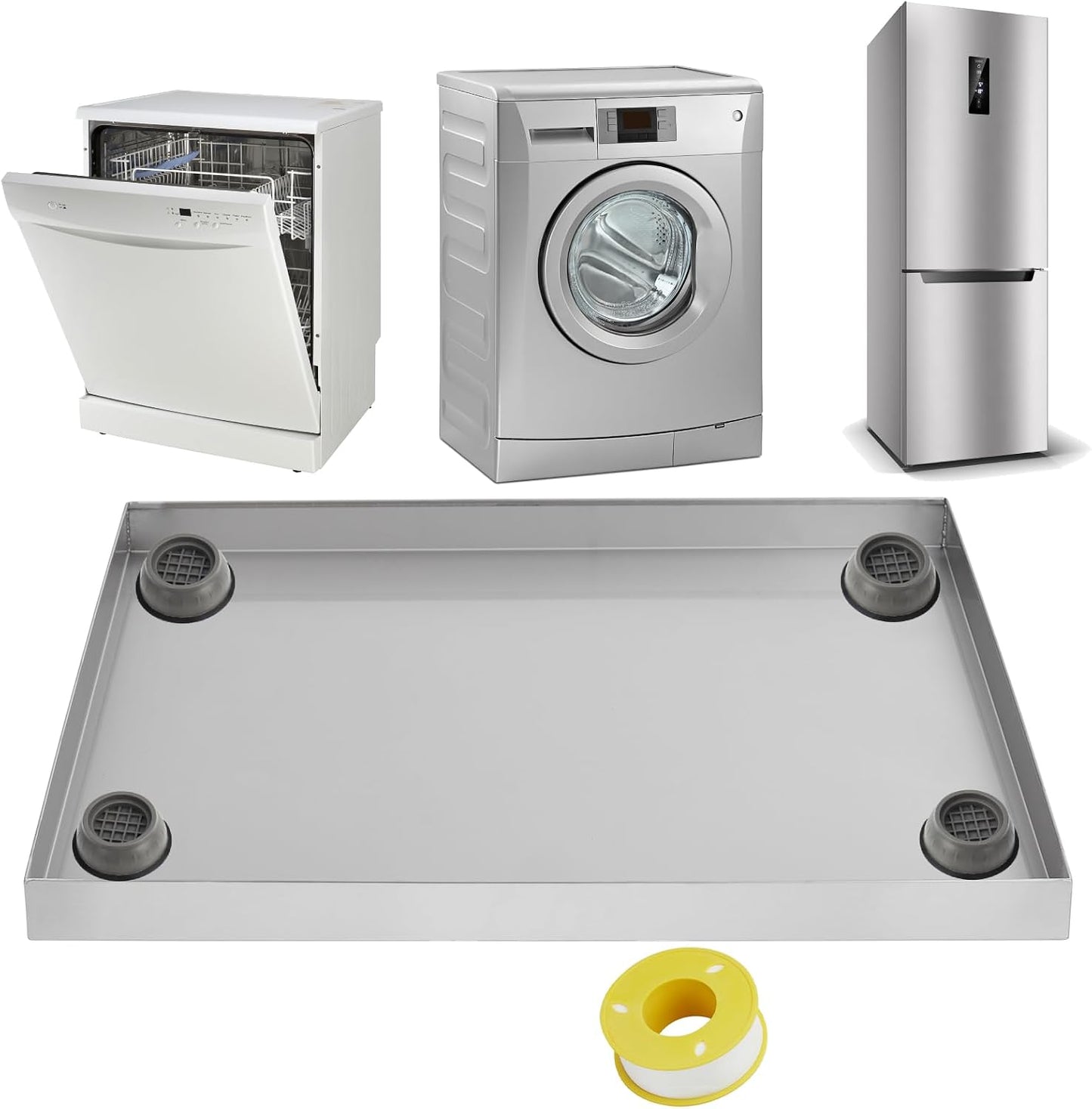 GarveeTech 32 in x 30 in Washing Machine Pan for Washer and Dryer, 304 Stainless Steel Drain Pan, Washer Drip Tray with Drain Hole & Hose Adapte, 4 Pcs Anti-Vibration Washing Machine Feet