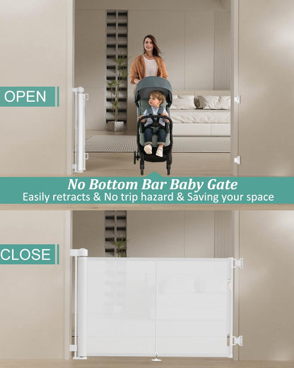 Miumoon 50 inch Retractable Baby Gates 34 inch Tall, Retractable Gate with Reinforced Strip Design to Prevent Crawling Through, Retractable Dog Gate for Stairs, Doorways, Hallways