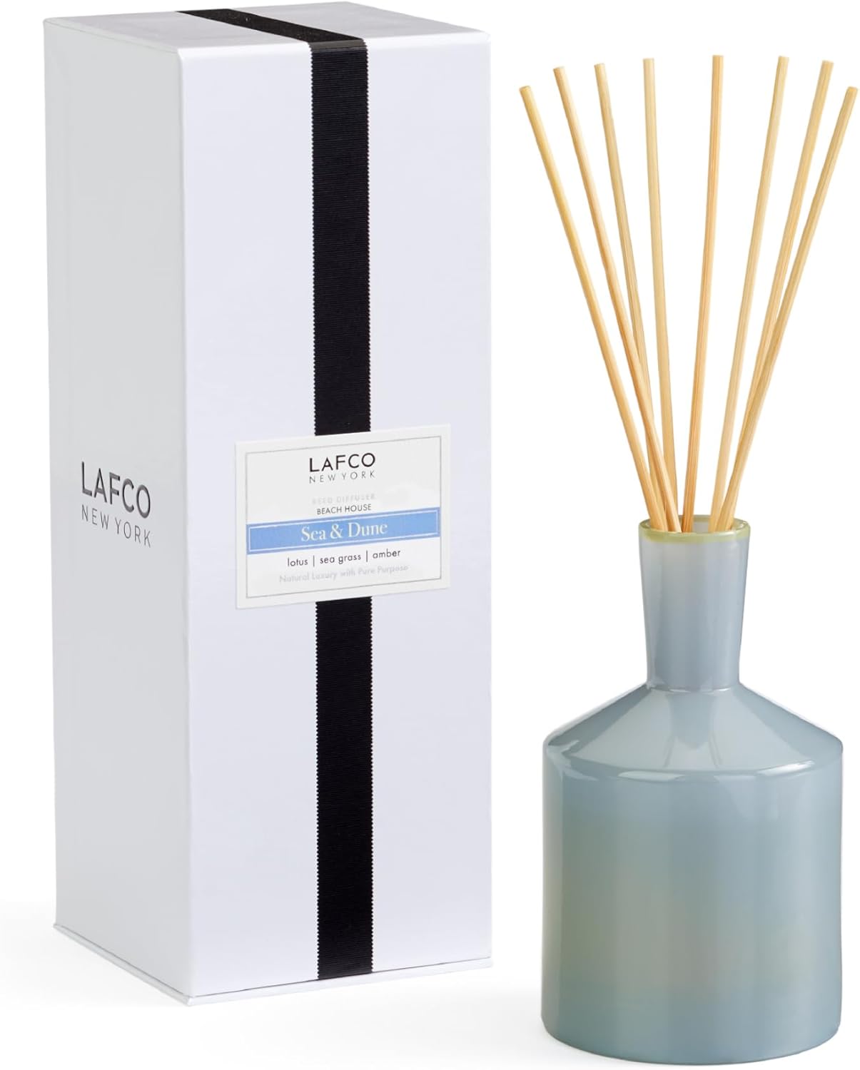 LAFCO New York Classic Reed Diffuser, Sea & Dune - 6 oz - Up to 3 Months Fragrance Life - Reusable Glass Vessel - Natural Wood Reeds - Made in The USA