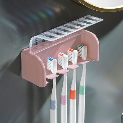 5 Slots Toothbrush Holder Wall Mount with Cover, Self Adhesive Toothbrushes Storage Organizer Perfect for Dorm Bathrooms and Shower, Holds 5 Toothbrushes. (White)