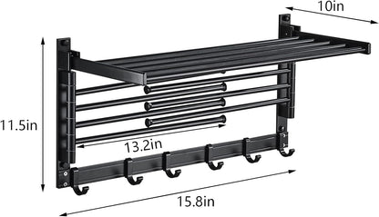 Laundry Clothes Drying Rack, Wall Mounted Swivel Towel Rack with Hooks and Swing Arms, Space Saver in Laundry Room and Bathroom, Space Aluminum