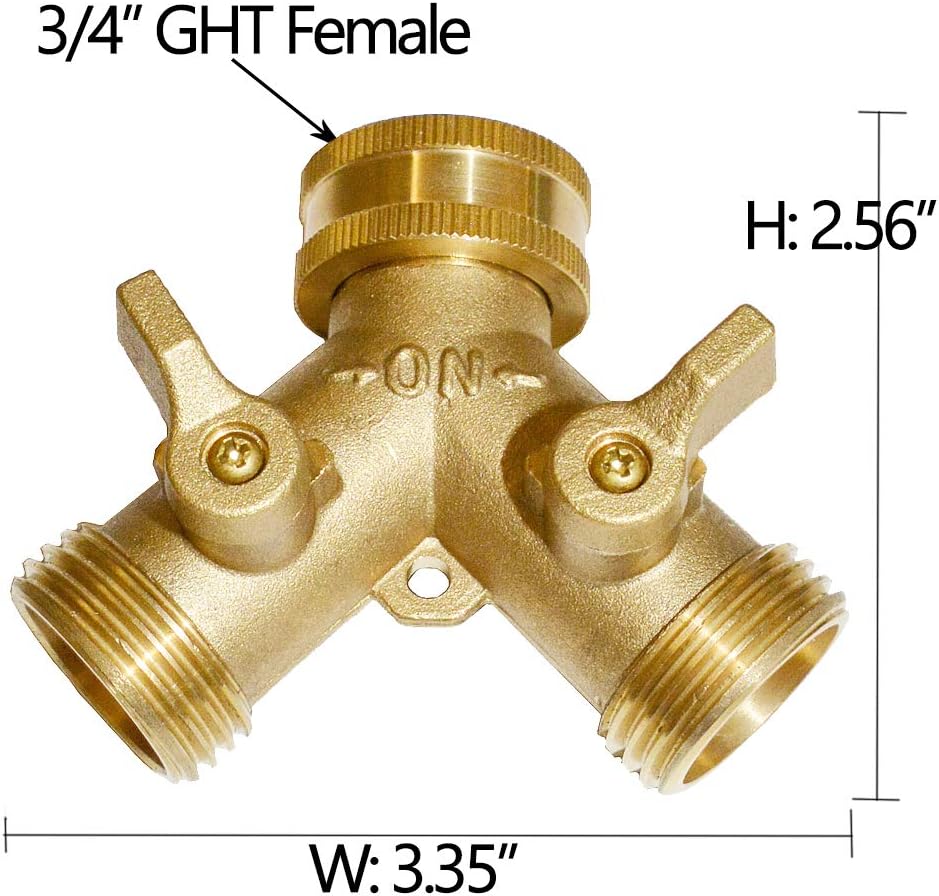 HQMPC Garden Hose Y Valve Splitter Brass Hose Splitter With Stainless Steel Long Handle Brass Garden Hose Adapter 2 Way Y Valve 3/4" GHT Thread 2pcs