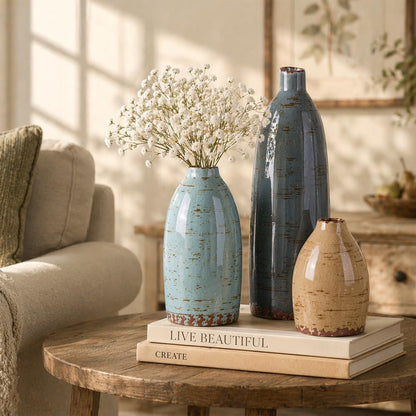 Ceramic Vase Set of 3, Neutral Vases Home Decor, Speckled White Distressed Pottery Rustic Farmhouse Decorative Vases, Small Vases for Table Mantel Entryway Bookshelf Living Room Kitchen Bedroom