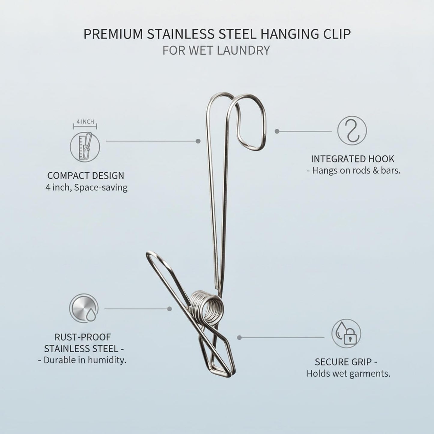 Stainless Steel Hanging Clips for Wet Laundry - Space Saving Hook & Clip Hanger for Bathroom Shower Rods, Towel Bars & Closet Organization