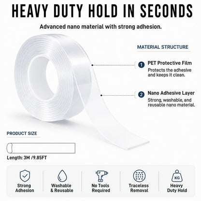 Nano Tape Double Sided Heavy Duty 1/2''×10Ft Removable Washable No Residue | Clear Adhesive Tape Multipurpose Mounting Tape for Wall, Carpet, Pictures, Home Decor, Office & DIY