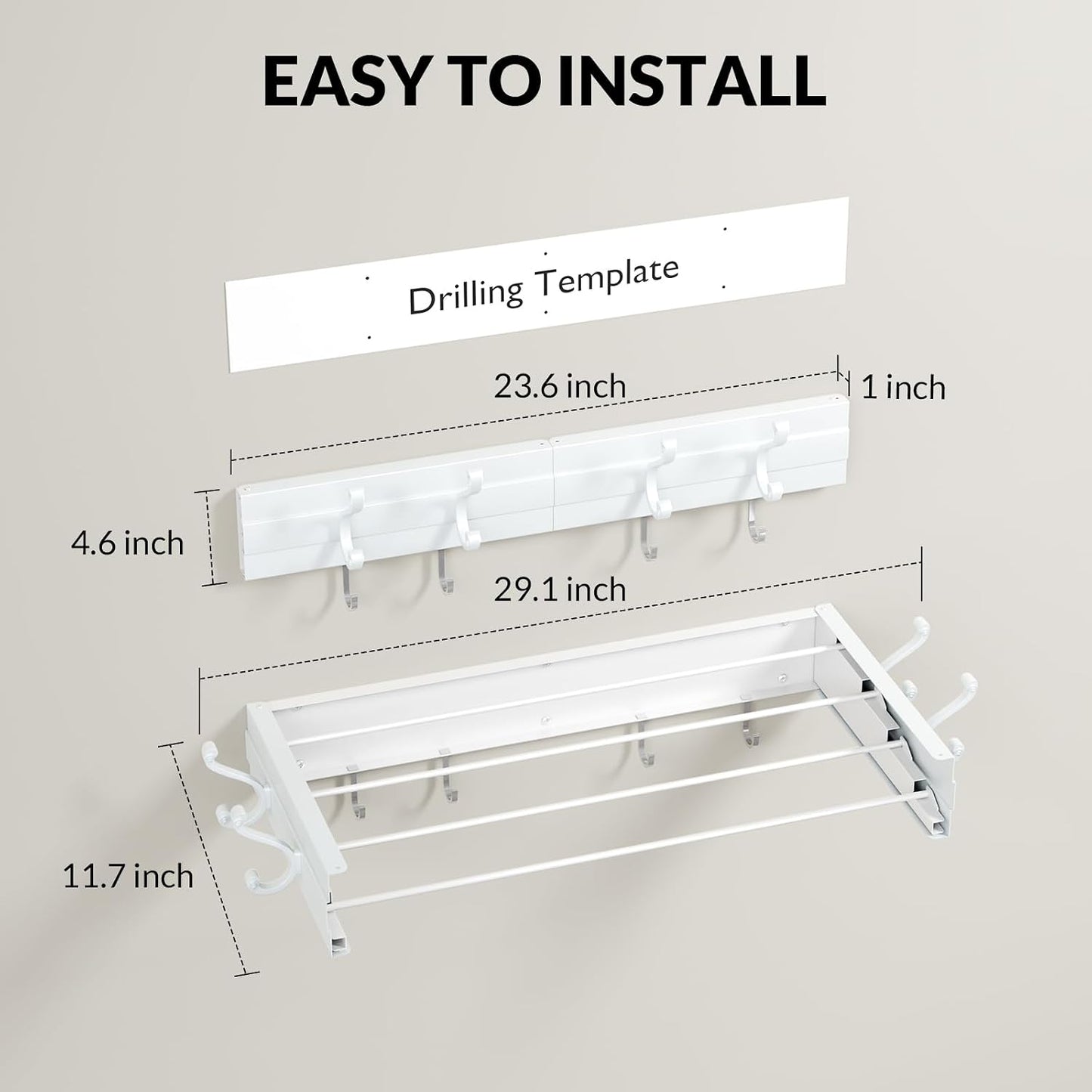 Foldable Wall Mounted Space-Saving Drying Rack, 23.5 In Rustproof Stainless Steel Laundry Hanger with 50 Lbs Heavy Duty Reinforced Rods for Wet Towels & Heavy Clothes, Fits Apartment Bathroom RV,White