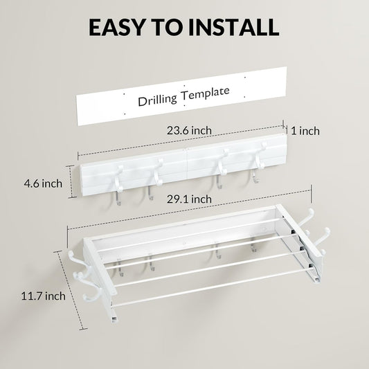 Foldable Wall Mounted Space-Saving Drying Rack, 23.5 In Rustproof Stainless Steel Laundry Hanger with 50 Lbs Heavy Duty Reinforced Rods for Wet Towels & Heavy Clothes, Fits Apartment Bathroom RV,White