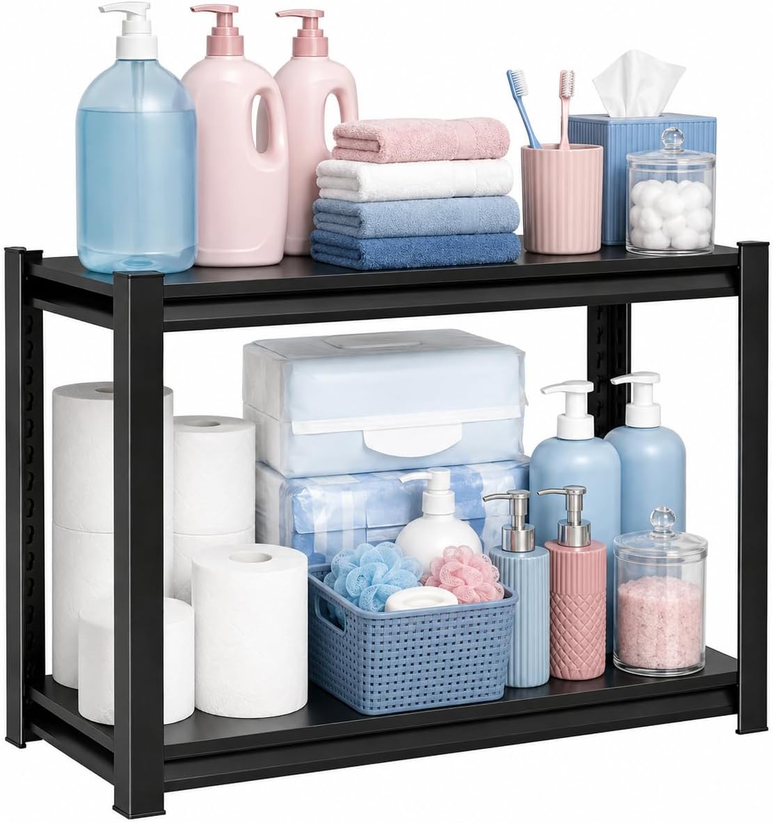 Over Washer and Dryer Shelves, Adjustable 2 Tier Metal Laundry Room Organizer and Storage Rack, Heavy Duty Utility Shelving Unit, 14"Wx 12"Dx 22"H Rust Resistant Steel Freestanding Shelf, Black