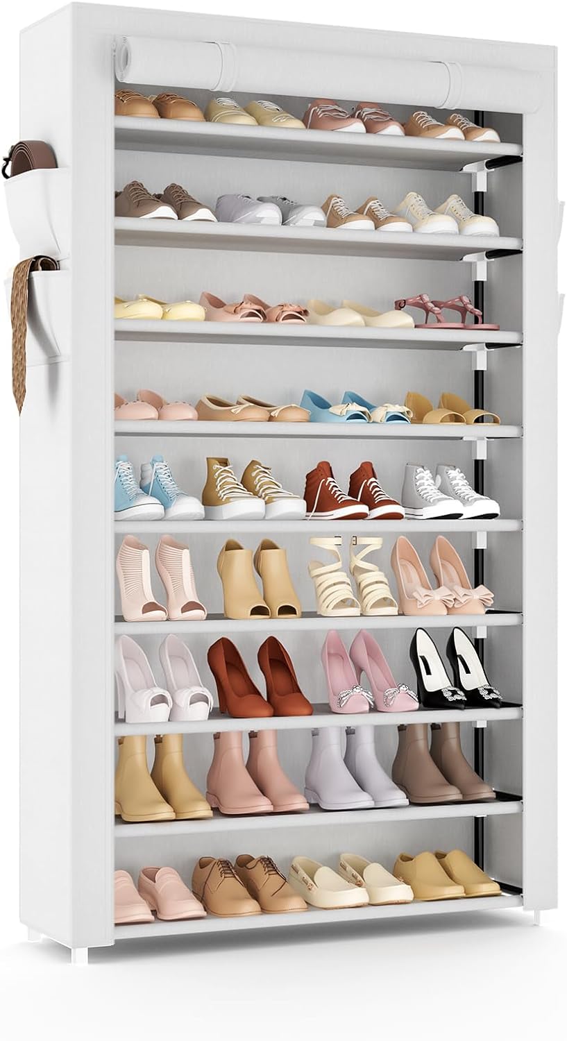 VILICK Shoe Rack with Cover Narrow Shoe Organizer with 4 Side Pockets 10 Tier Tall Shoe Storage Holds 18-22 Pairs Shoes and Boots Shoe Rack for Closet Entryway Garage