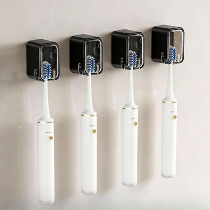 4PCS Wall Mounted Toothbrush Holders with Cover, Self Adhesive Single Slot Organizer, Moisture & Dust Proof for Electric/Regular Toothbrushes, Bathroom Shower Storage for Family & Travel (Black)