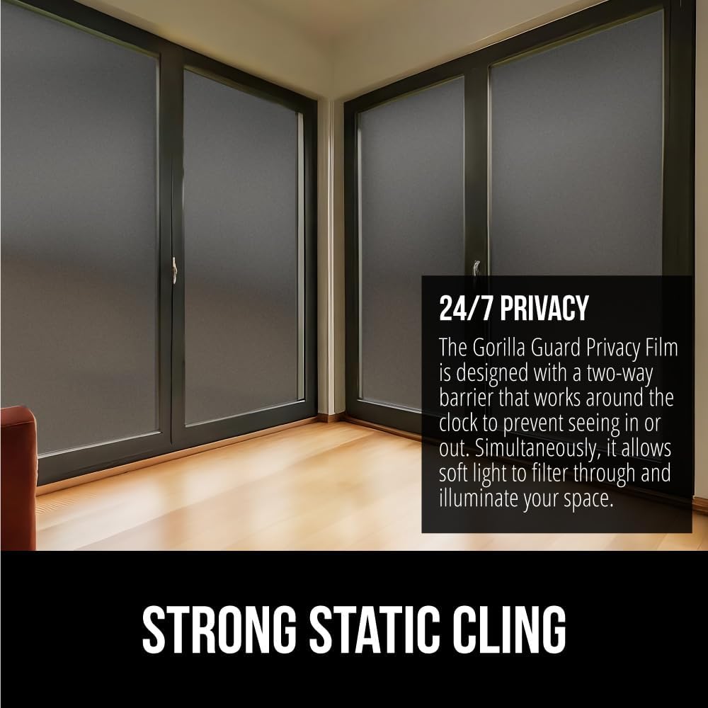 Gorilla Guard Window Privacy Film, Removable Two Way Sun Blocking, Reusable No Residue Stickers, Strong Static Clings to Glass Windows, Decorative Bathroom Door Coverings, 17.5 x 78.7 Inch, Frosted
