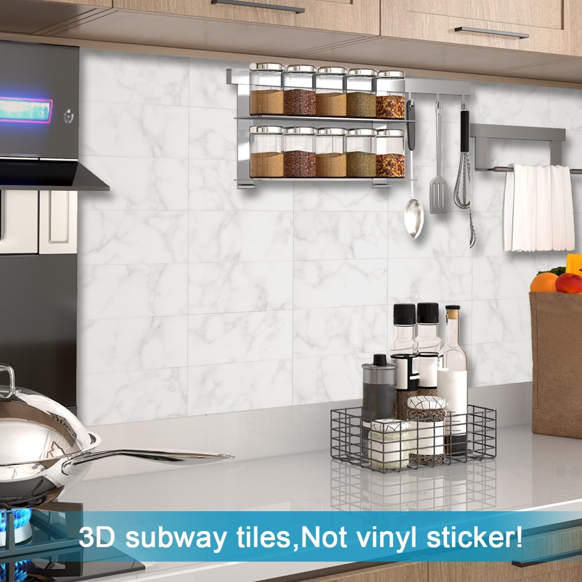 BeNice Peel and Stick Backsplash Large Bathroom Subway Tiles,Kitchen Shower Wall Stickers Waterproof(23Tiles) Gray White