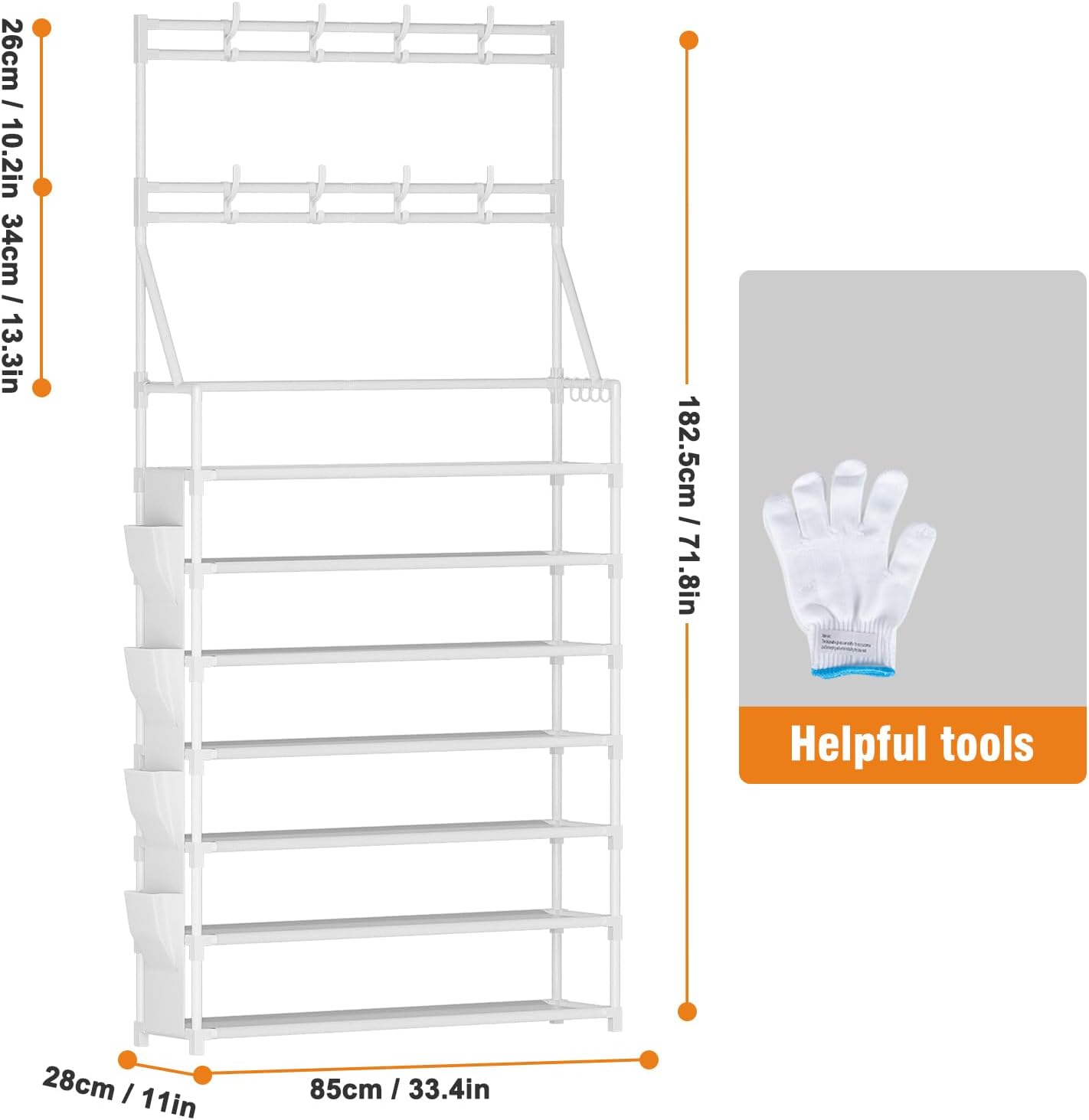 OYREL Shoe Rack, 5 Tier Shoes Storage Organizer, with Functional Hooks and Side Pocket, 20-25 Pairs, for Closet/Entrance/Entryway, Sneaker and Boot Stackable Free Standing Shoe Rack